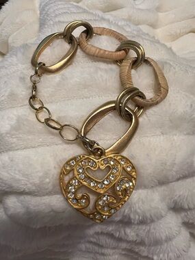 Gold-Tone Heart Charm Statement Bracelet - with Rhinestones